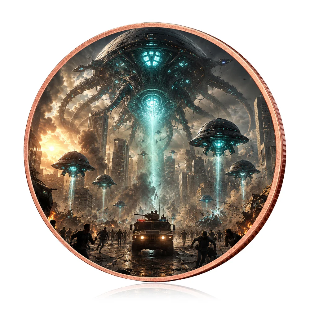 1oz .999 Fine Copper Round Extraterrestrial Visit Alien UFO Spaceship Invasion Colorized Sci-Fi Galaxy Space Collectible Gift