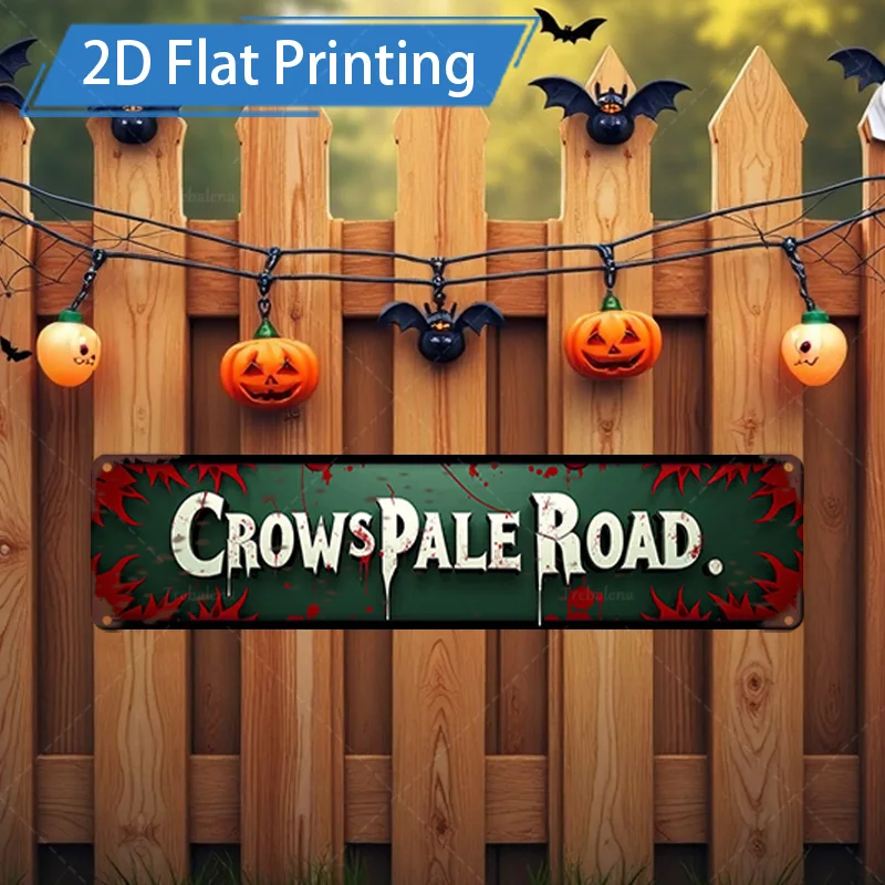 

1 шт. металлический знак, 4x16 дюймов, знак на Хэллоуин «Crows Pale Road» с тыквенными летущими мышами, 2D плоский декор для печати