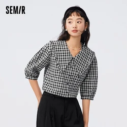 Semir Women Shirt Middle-sleeved Shirt Autumn New Large Lapel Stringy Selvedge Cotton Top Elegant Slit Plaid Shirt for Women