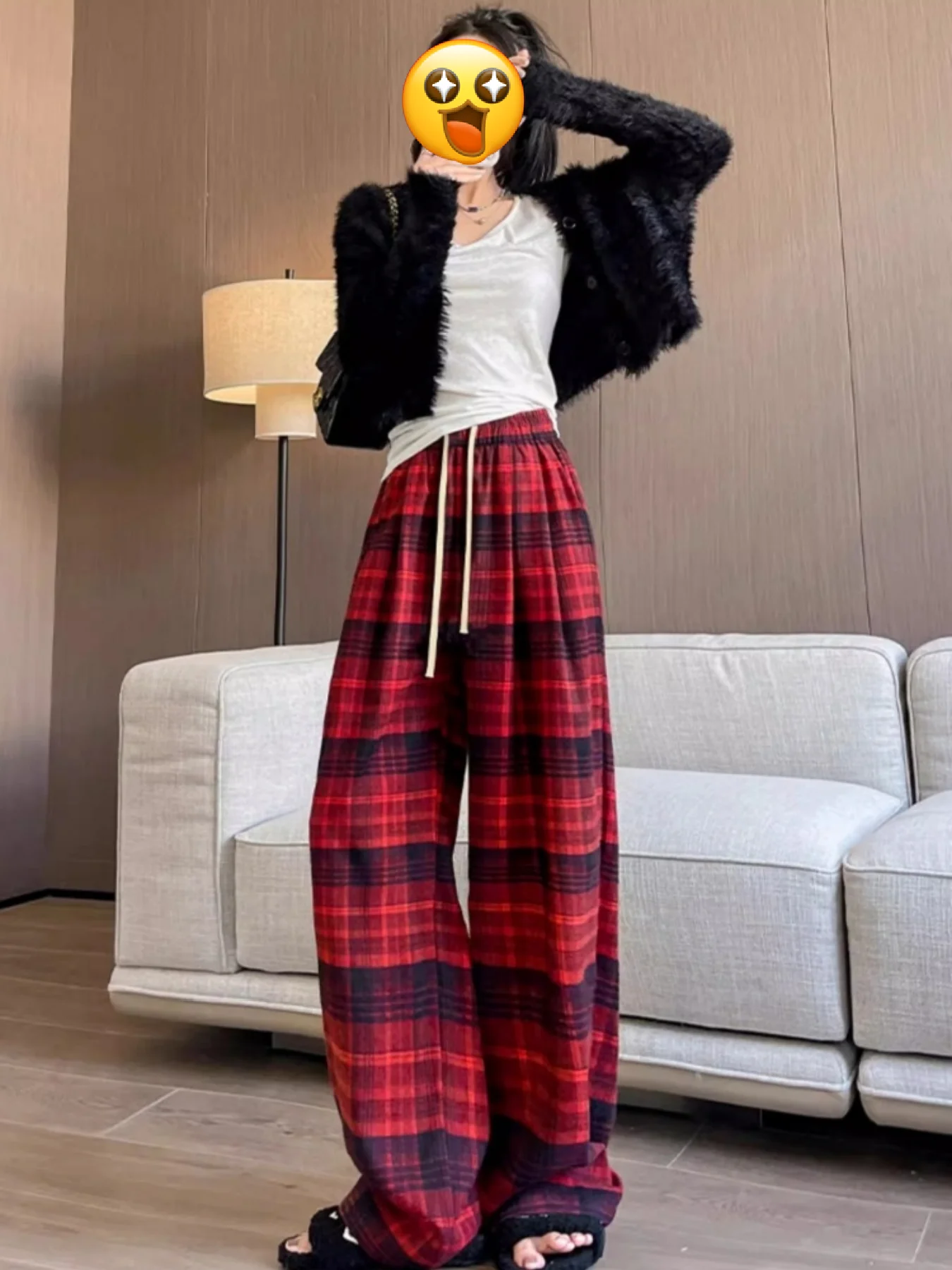 메드라 플래드 캐주얼 팬츠 여성용, 겨울 빈티지 하이 스트리트 레이지 스타일 트렌디 스트레이트 레그 다용도 와이드 레그 스포츠 루즈 통기성 캐주얼 스포츠 롱 팬츠 플리스 안감 및 두꺼운 소재