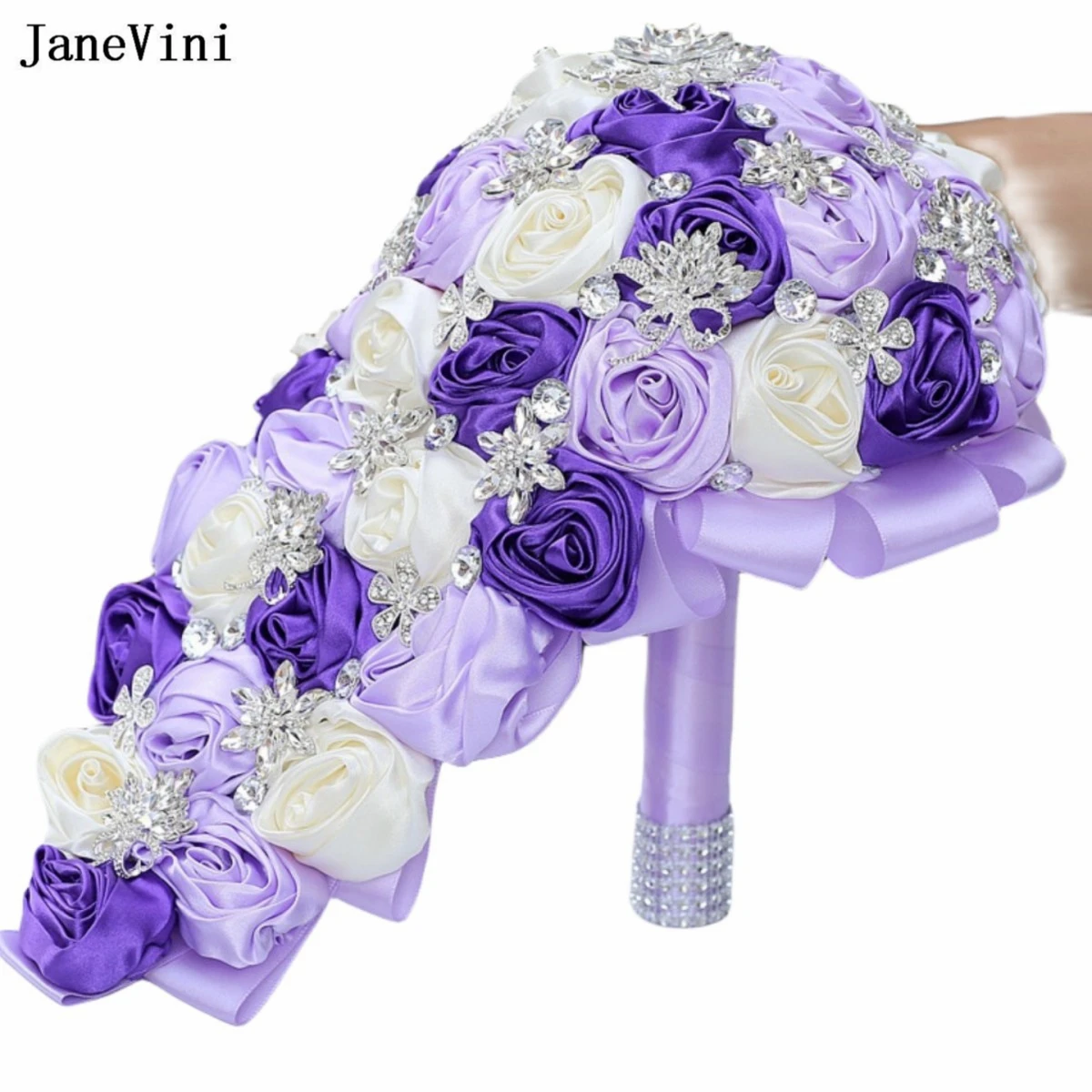

JaneVini Light Purple Waterfall Bridal Bouquets Bling Silver Crystals Artificial Satin Roses Cascading Wedding Bouquet for Bride