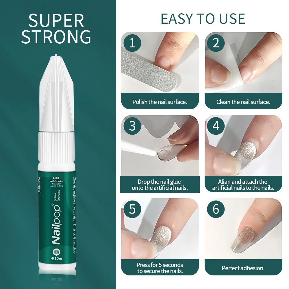 Nailpop 3ml Strong Nail Glue with Quick Nail Glue Remover Professional Nail Art Long-Lasting Glue for Nail Extension Home DIY