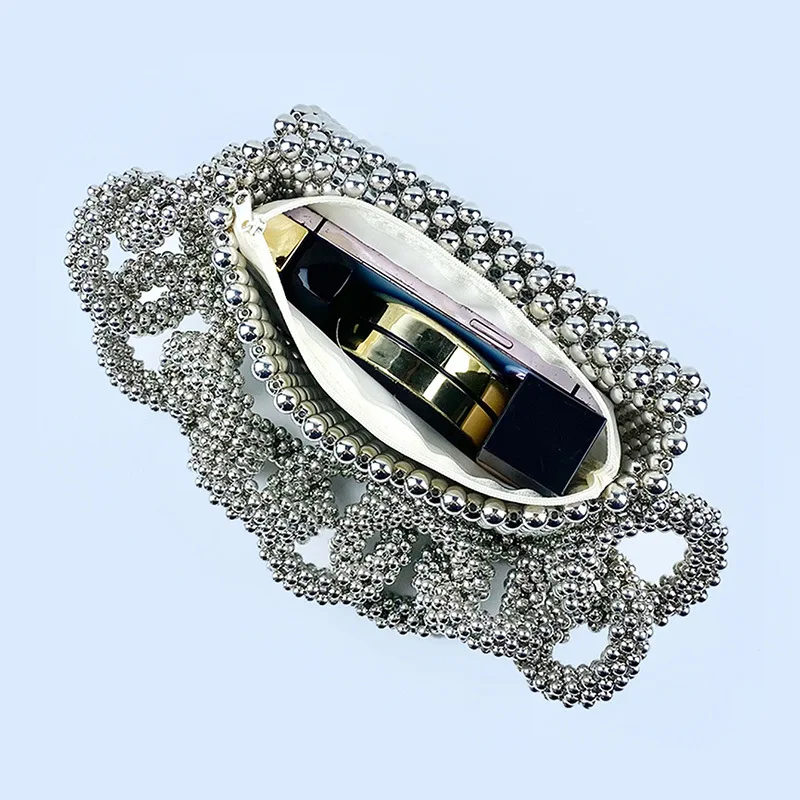 High Quality Silver Acrylic Beaded Evening Bag Luxury Design Heavy Beaded Small Square Bag Female Wedding Party Shoulder Bag