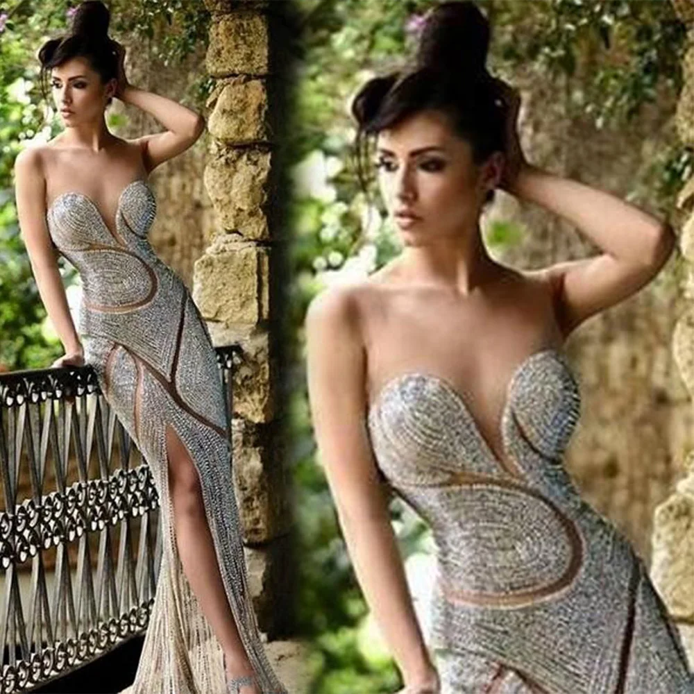 

Custom Gorgeous Mermaid Evening Dresses Scoop Floor-Length Beaded Crystal Sequined long Thigh-High Slits Illusion