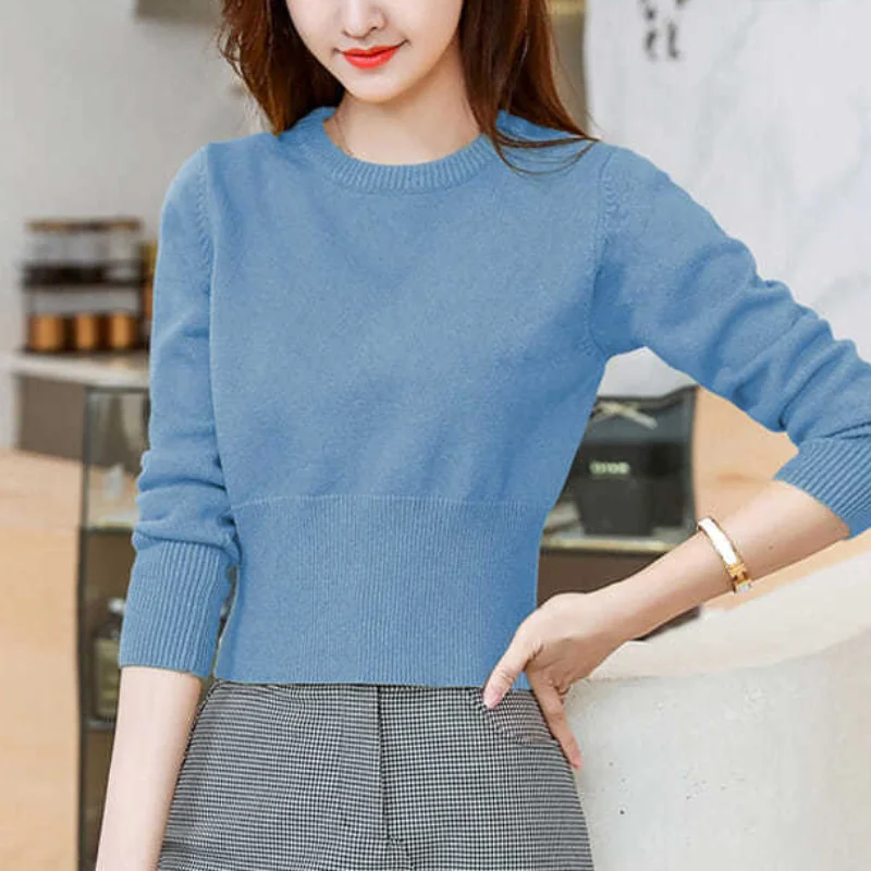 Women Autumn Winter New O-Neck Pullover Sweater Commuting Simple Knit Bottom Shirt Slim Look Thinner Versatile Long Sleeved Tops