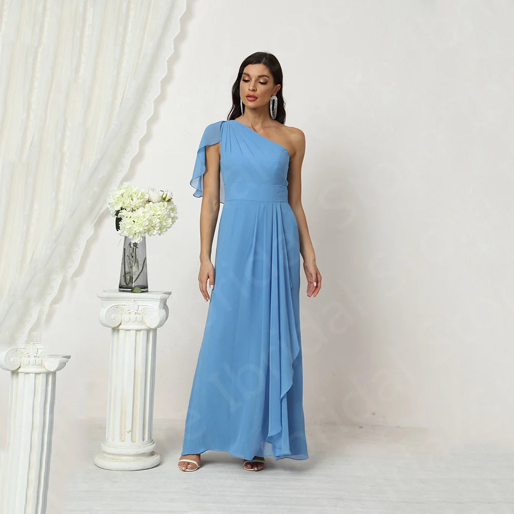 

2022 New Real Sample Mother of the Bride Dresses Blue One Shoulder Dress Side Split Wedding Guest Gowns Zipper Back