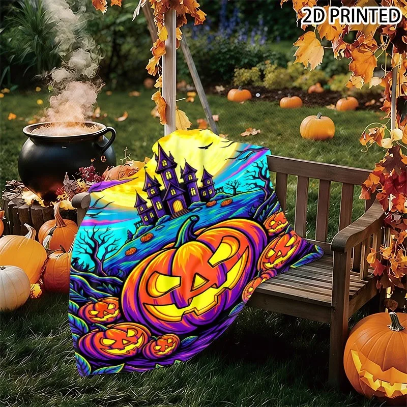 Vibrant Neon Halloween Themed Small Throw Blanket, Spooky Jack-O'-Lantern And Purple Castle Full Moon Print, Multiple Specificat