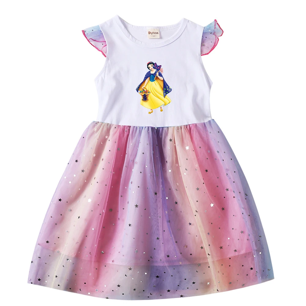 Disney Snow White Princess Summer Kids Dresses for Girls Cartoon Short Sleeve Princess Dress Children's Prom Mesh Dresses