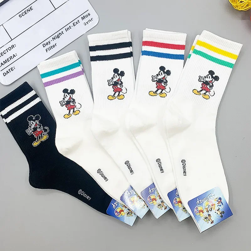 Calcetines de algodón de dibujos animados para mujer, medias de tubo medio con diseño de Mickey y rayas blancas, 1 par