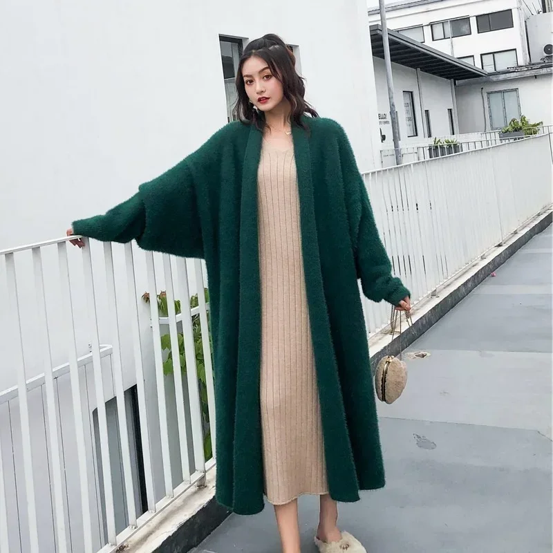 Autumn Winter Women Cashmere Long Cardigan Fashion Loose Casual Oversized Sweaters Green Jacket Soft Wool Warm Knitted Coats