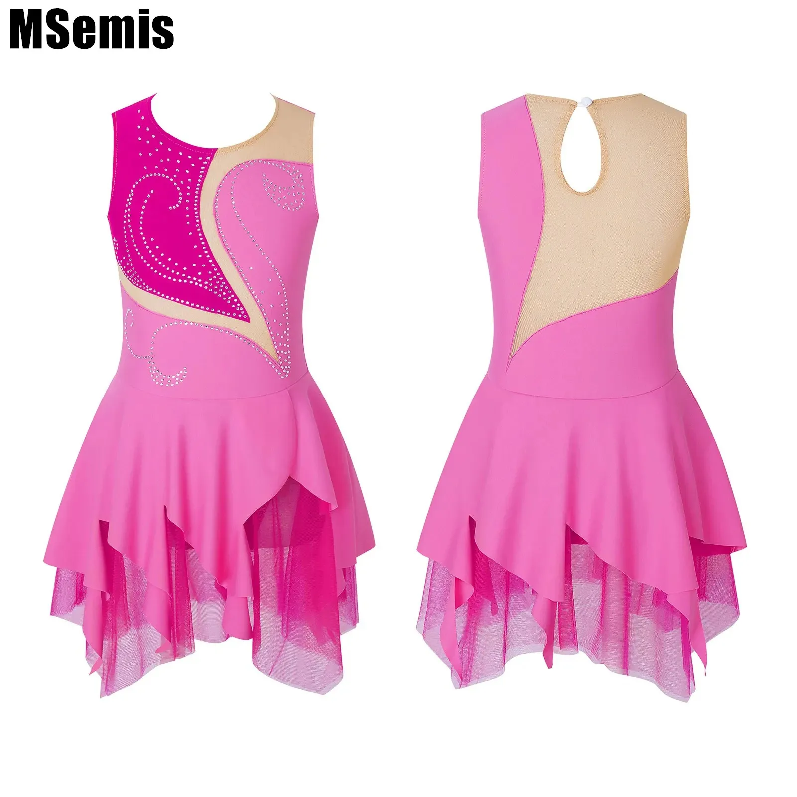 

Kids Girls Hollow Back Skating Dance Dress Sleeveless Round Neckline Rhinestone Decorated Patchwork Style Stylish Clothing