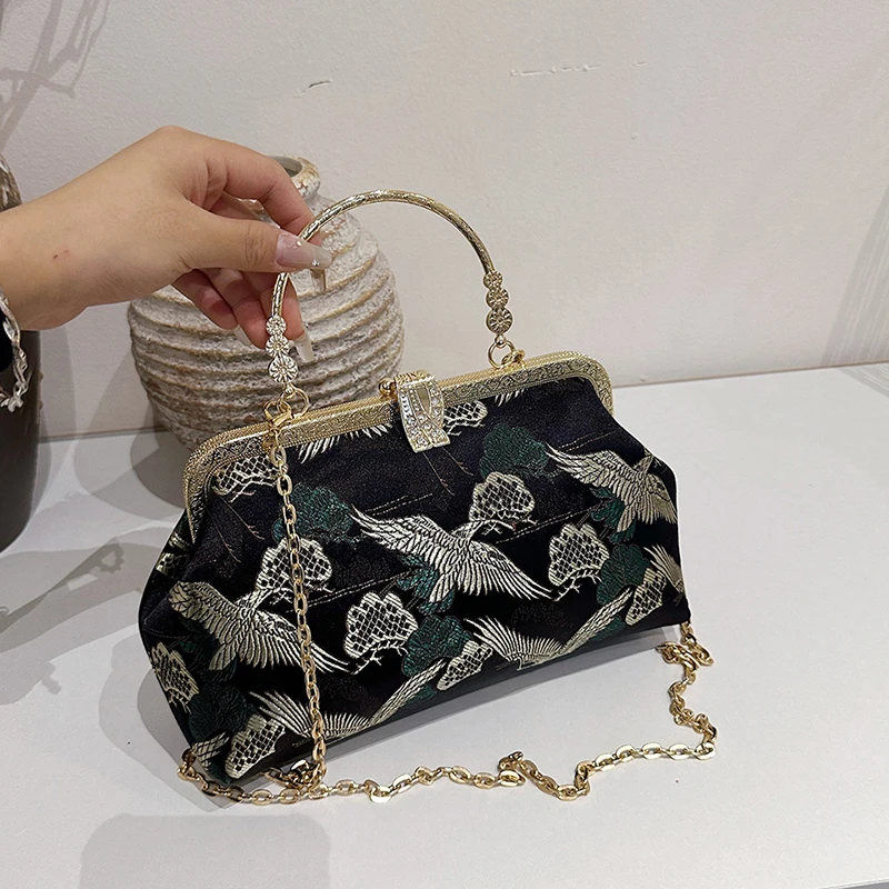 Exquisite Chinses Style Gold Frame Chains Shoulder and Crossbody Bags Sense of Luxury Crane Pattern Women‘s Handbags 2024 New