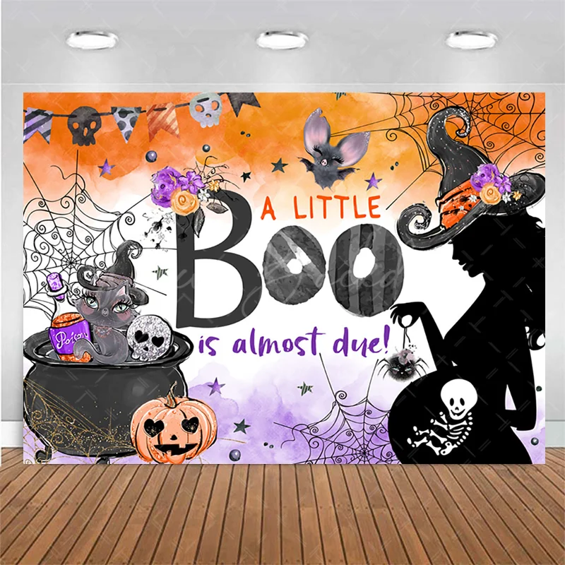 Little Boo Almost Due Backdrop for Halloween Baby Shower Party Decorations Witch Theme Halloween Baby Shower Banner Supplies