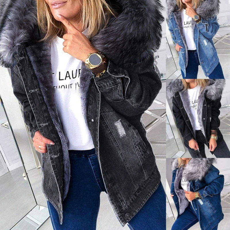 Frauen Winter warm flauschigen Kragen Kapuze Jeans jacke dicken Plüsch gefüttert warmen Langarm Jeans mantel Knopf unten übergroß locker