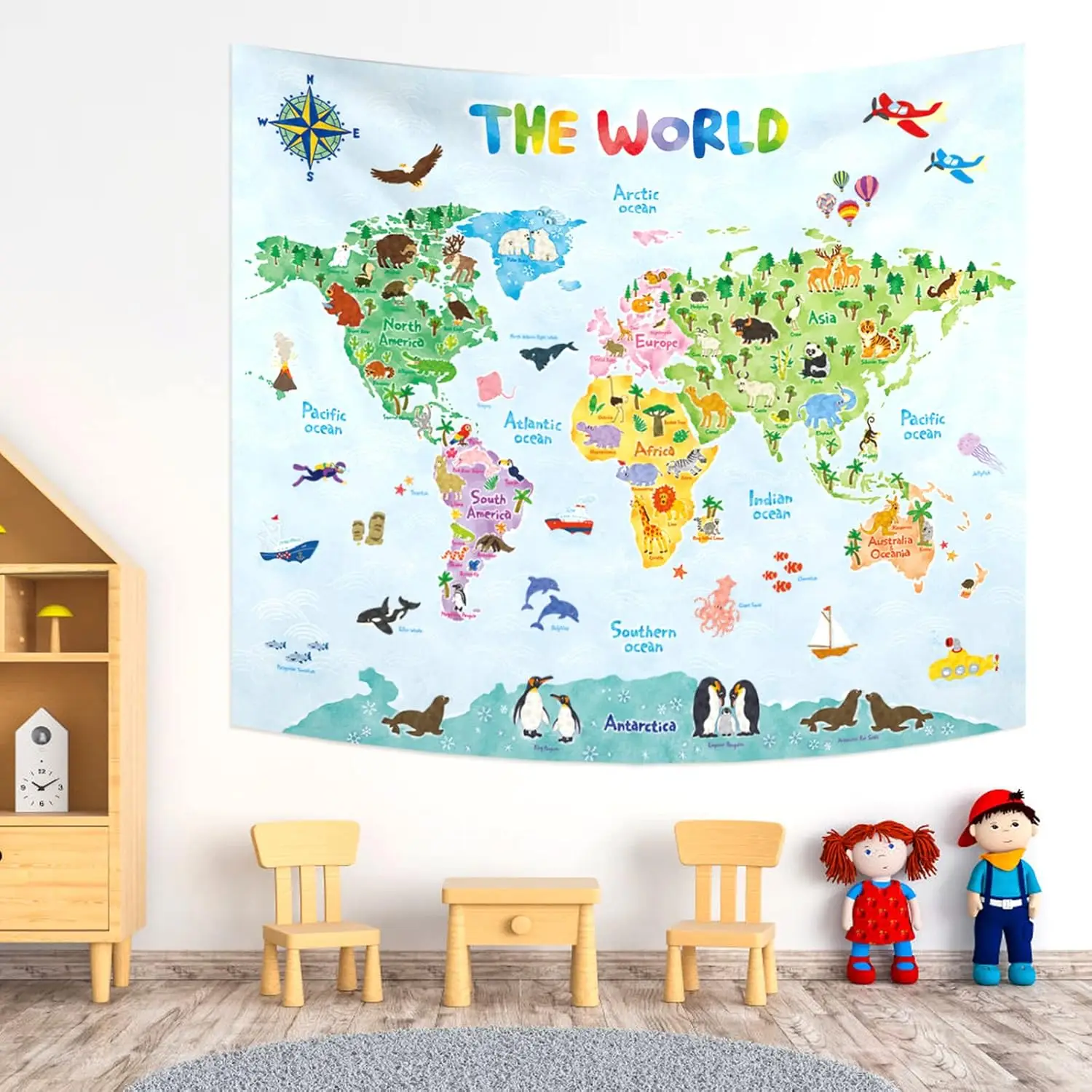 Kids World Map Wall Tapestry Educational Geography Art Children Room Decor Cartoon Animals Kids Learning Hanging