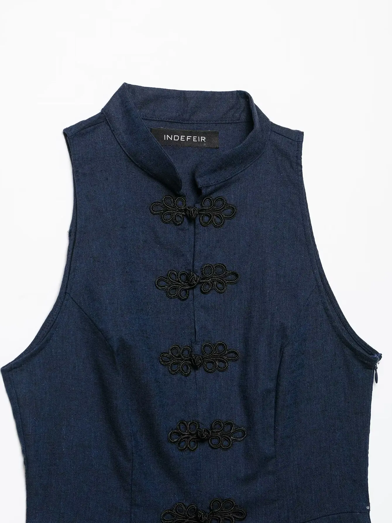 HH Minimalistische Elegante Jeansweste mit Chinesischen Froschknöpfen, Stehkragen und Schößchen für Frühling und Herbst, Business-Casual Bürokleidung – Detail 6