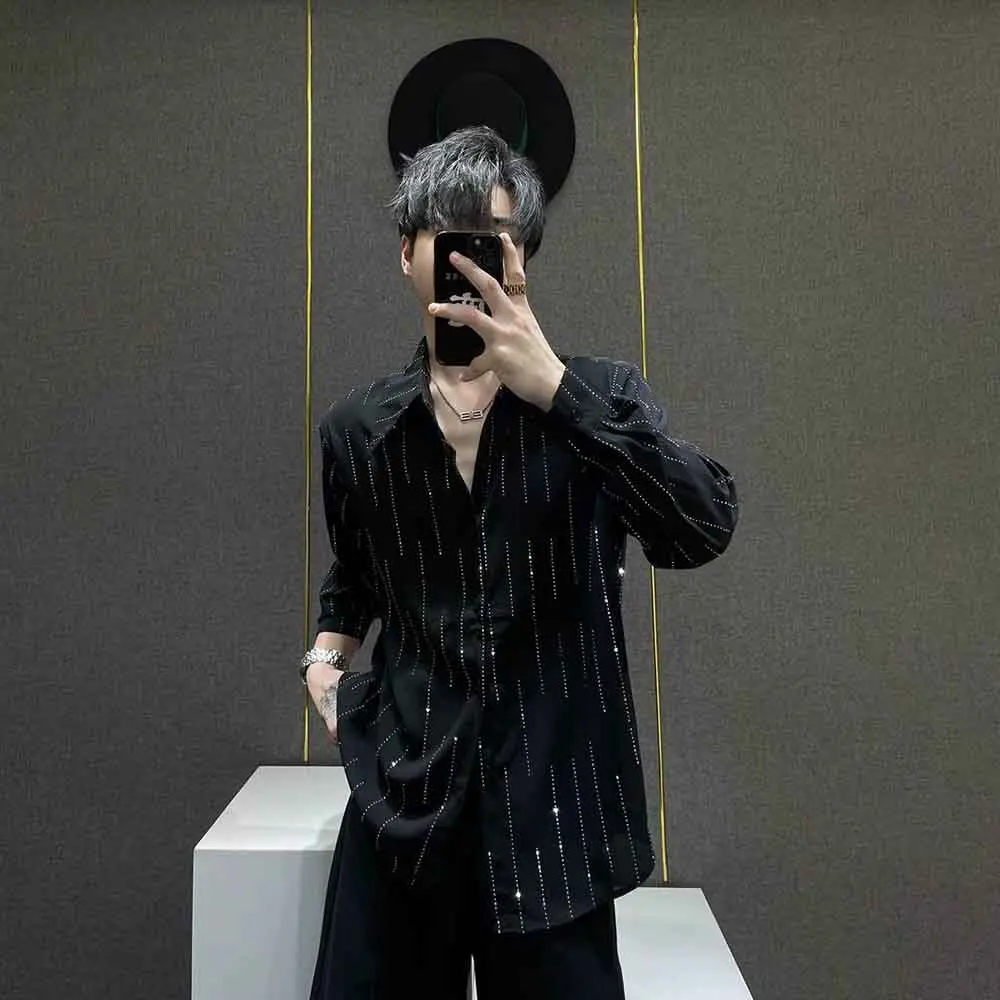 Mens Autumn Shirt Striped Hot Diamond Shiny Ballroom Shirt Streetwear Fashion All-Match Long-Sleeved Top Men'S Clothing 2025 New