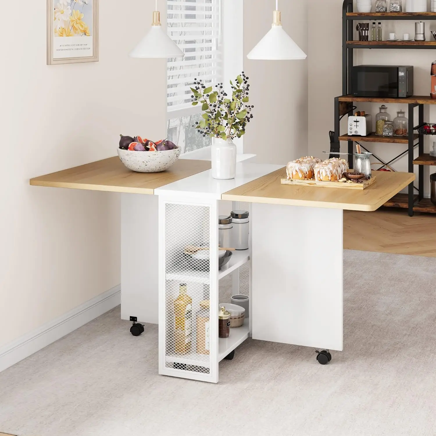 Space Saving Folding Drop Leaf Dining Table With 2 Tier Storage And 6 Wheels Extendable For Small Spaces Grey Grey Oak Sturdy Iron Frame Wobble Free