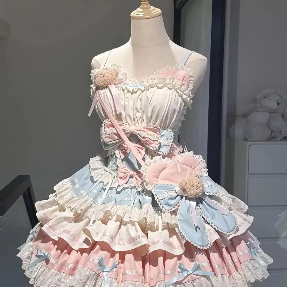 Słodka Japońska Sukienka Lolita Kawaii Damska Y2k Retro Koronkowa Kokarda Falbana Tortowa Sukienka Harajuku Elegancka Damska Wyszczuplająca Szykowna Letnia