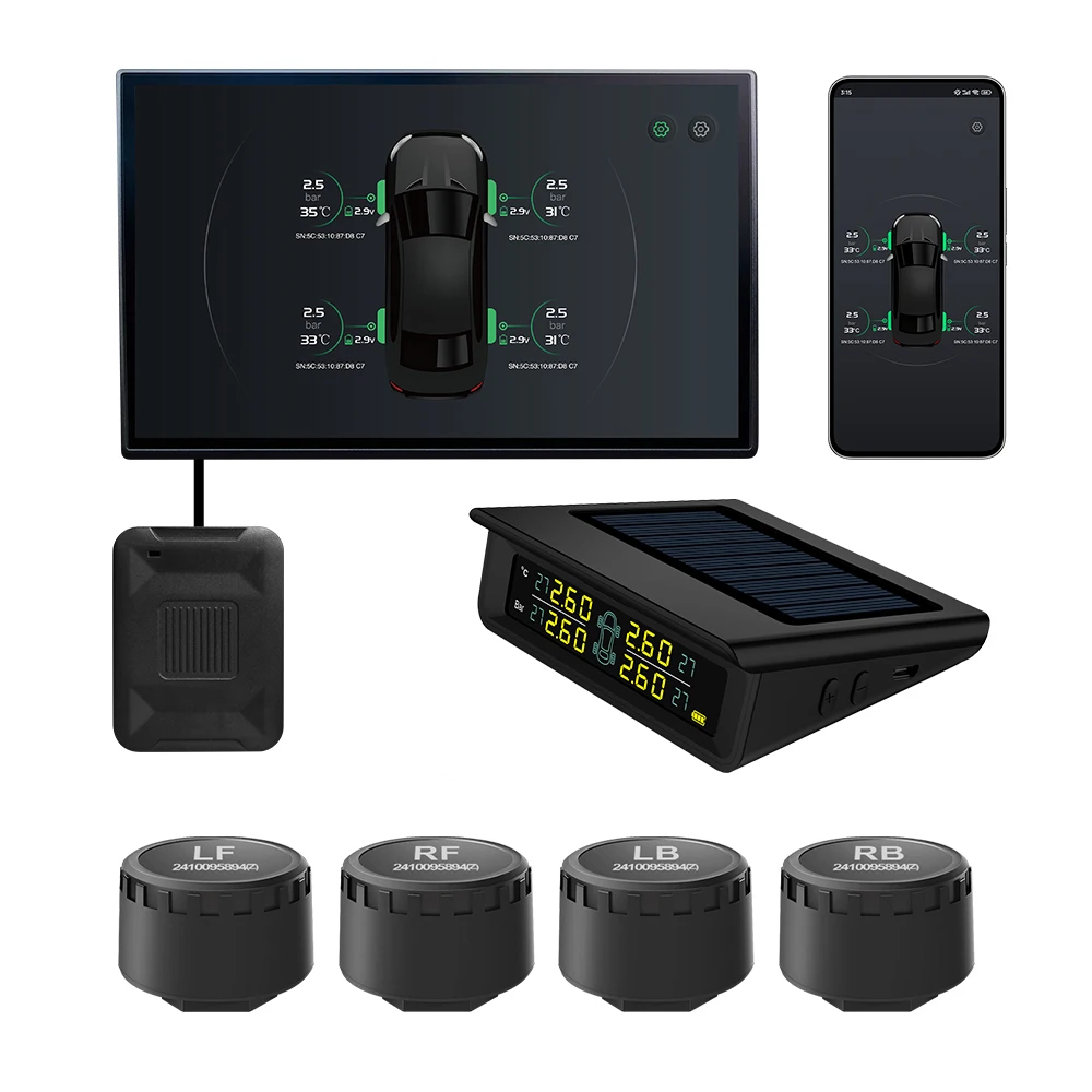 

Universal BLE TPMS Four Tire Pressure Sensors ABS Digital Display Solar Tyre Monitoring System for Android IOS Devices Plastic