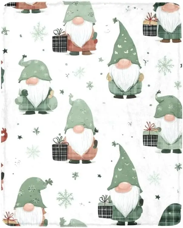Christmas Gnomes Pattern Fleece Throw Blankets, Super Soft Flannel Cozy Blankets Washable Lightweight Blanket for Couch Sofa Bed