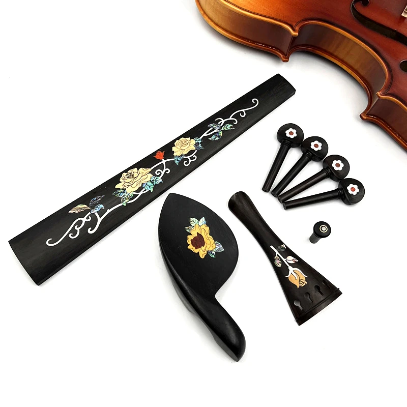 1 set 4/4 violin ebony accessories parts fittings,Inlaid pattern Tailpiece+Tuning pegs+Endpins+Chin rest/Chin Holder+Fingerboard