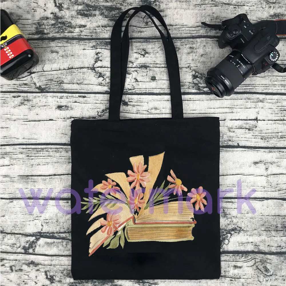 Floral Books Watercolour Tote Bags Literature Pressed Flowers Water Colour Typewriter Watercolor Illustration Totes Eco Bag