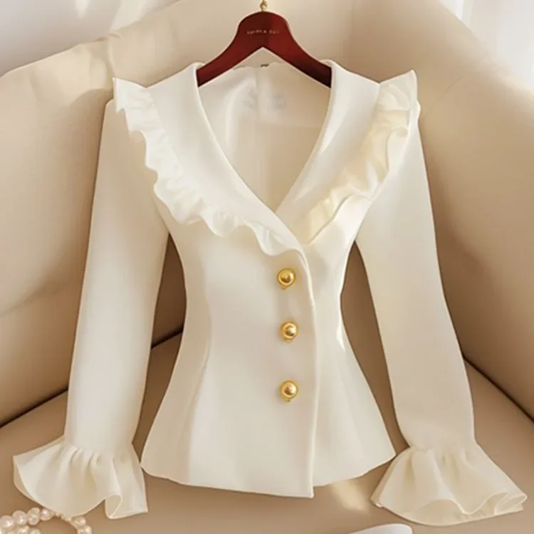 

2025 Early Spring New White Coat Women Y2k E-Girl Slim Waist Long Sleeve Jackets Sweet Ruffles Patchwork V-neck Tee Shirt