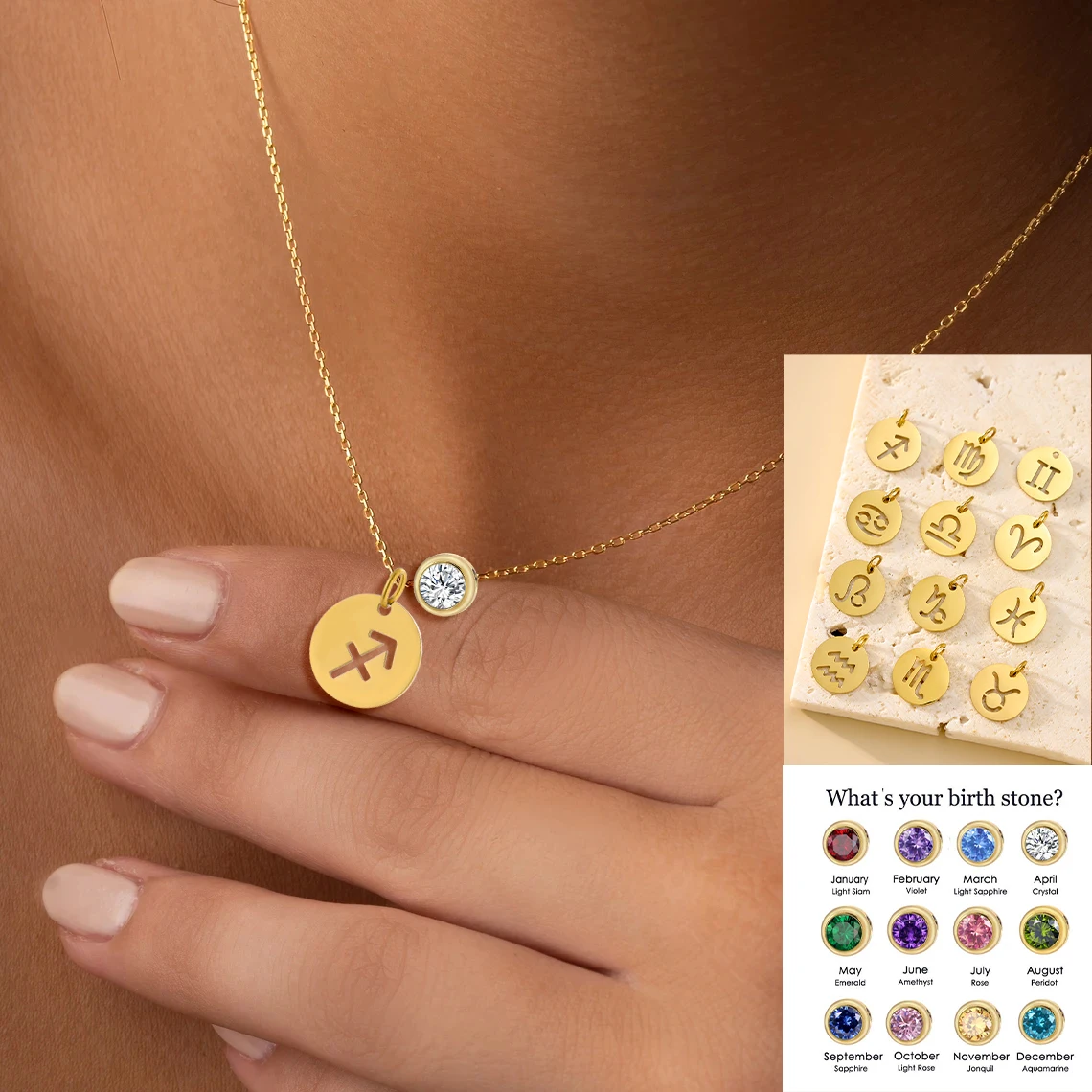 CARLIDANA Hot Sale Stainless Steel 12 Month Birthstone Necklace Gold Plated 12 Horoscope Zodiac Pendant Necklace for DIY Jewelry