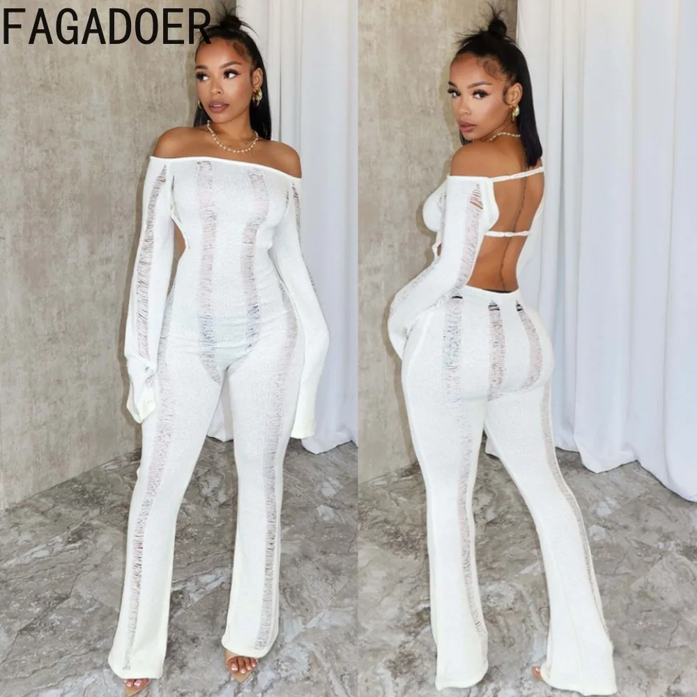 

FAGADOER Fashion Solid Knitting Hollow Out Backless Jumpsuits Women Off Shoulder Long Sleeve Hole Slim Playsuits Sexy Streetwear