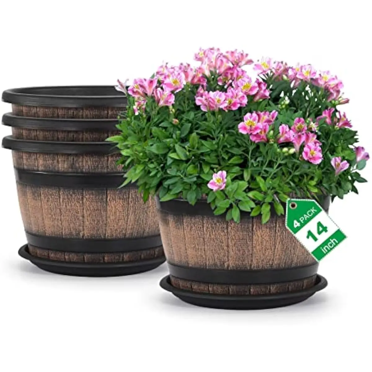 Large resin 5-gallon planters with drainage holes and matching saucer, whiskey barrel inspired shape, weatherproof lightweight d