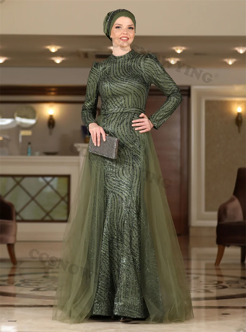 

Sparkly Sequin Luxury Muslim Evening Dresses Long Sleeve Islamic Formal Party Gowns High Neck Women Higab Arabic Robes De Soirée