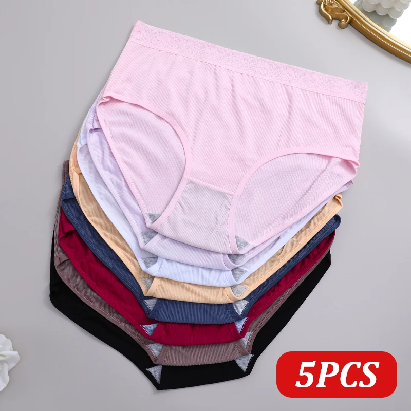 5PCS frauen Nahtlose Sexy Spitze Höschen Einfarbig Plus Größe Gewinde Unterwäsche Atmungsaktive Briefs Weibliche Intime Dessous L-4XL