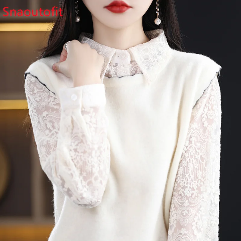 Lacework Round Neck Pure Wool Knitted Vest Women\'s Sleeveless Pullover Cashmere Sweater 2023 Spring and Autumn Loose Overlay Top