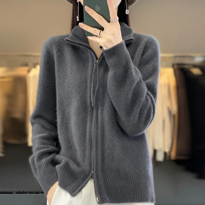 Double zipper Autumn/Winter new 100% Merino wool cardigan Cashmere sweater Women's semi-turtleneck cardigan warm bottomknitshirt