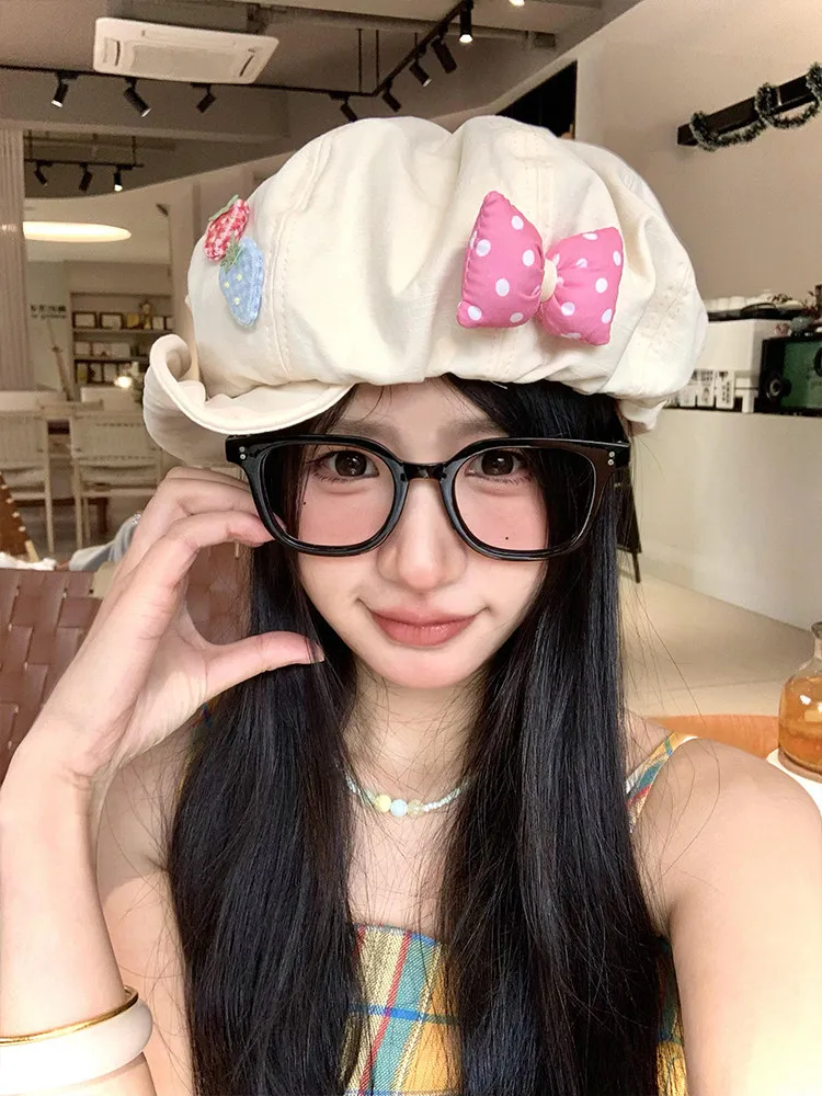 Cute Strawberry Decor Polka Dot Bowknot Beret Hat For Women Summer Thin Breathable Korean Style Face Slimming Big Head Friendly