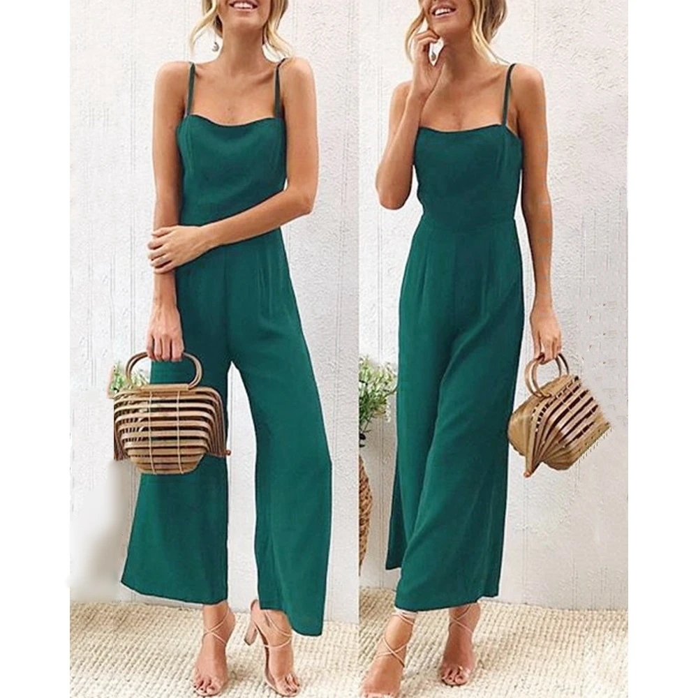 Women Spaghetti Strap Ruched Backless Wide Leg Elegant Work Jumpsuits Lady Summer One-Piece Sleeveless Green Jumpsuit Vestido