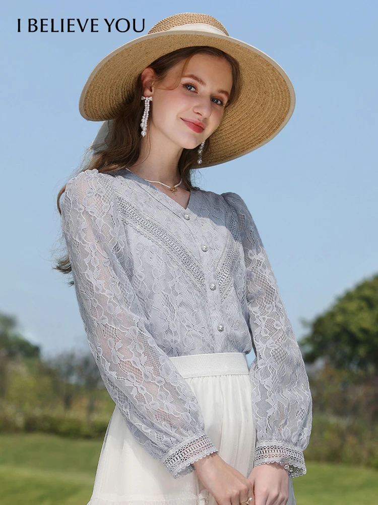 

I BELIEVE YOU Hollow Out Lace Tops Female 2023 Autumn New Blue French V-neck Puff Sleeve Beautiful Solid Women Shirts 2231085032