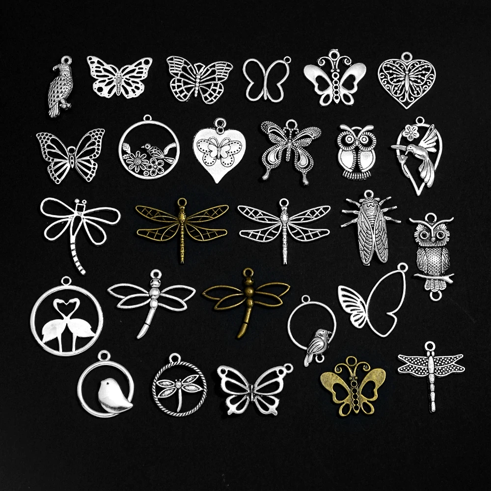 20pcs 27 Style Butterfly Bird Owl Bee Dragonfly Charms Pendant For DIY Earring Necklace Jewelry Making Findings Accessories