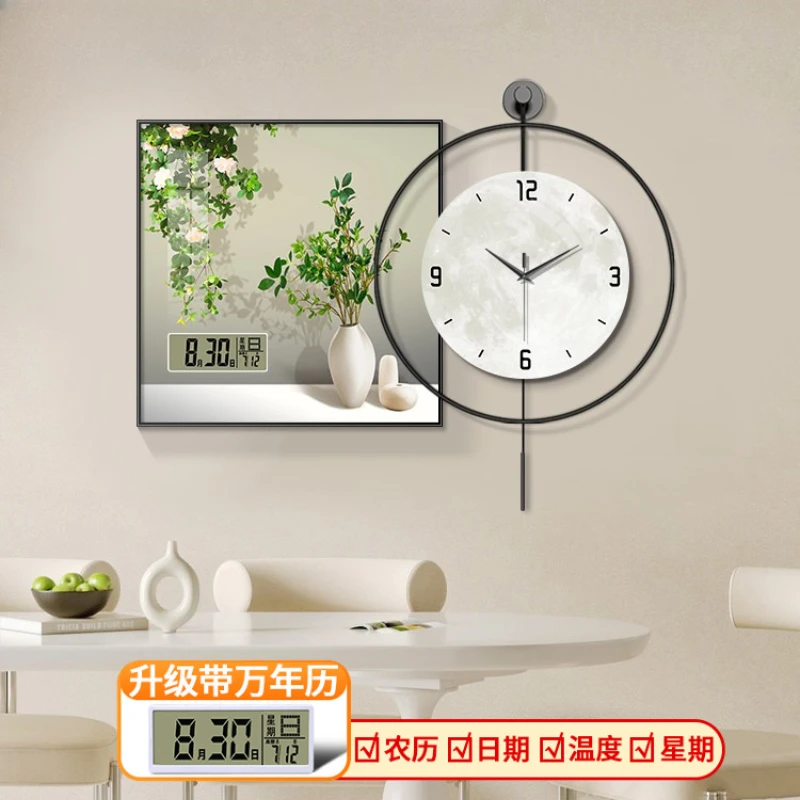 Simple Green Plant Perpetual Calendar Electronic Clock Guest Restaurant Decorative Painting Iron Combination Wall Clock