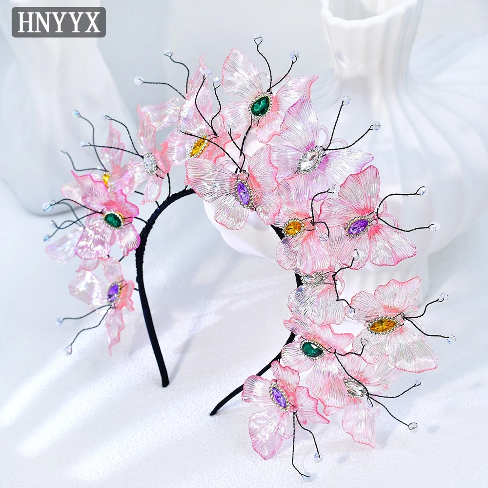 

HNYYX Elegant Women Butterfly Crown Head Hoop Bride Pink Color Crystal Headband Hair Accessories Wedding Party Headpieces A416