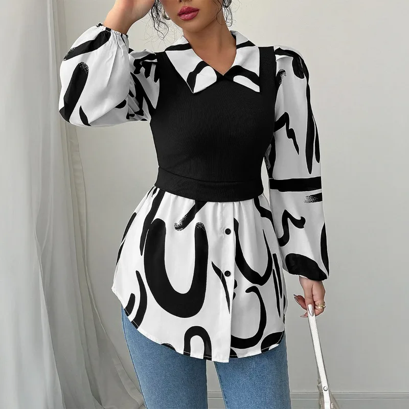 Women's Black White Abstract Print Two in One Blouse with Ribbed Knit Bodice Puff Sleeve Turn Down Collar Top