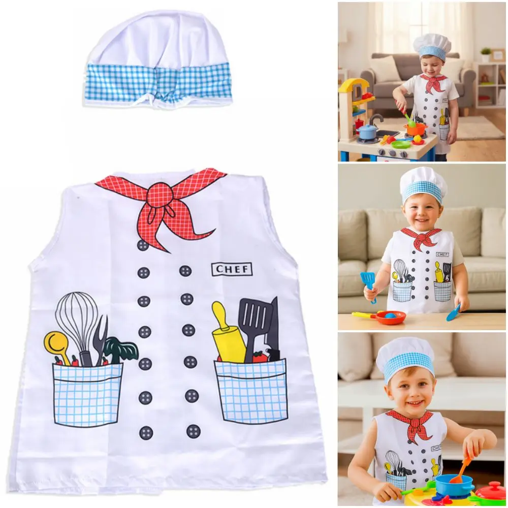 Cartoon Pattern Kids Toy Chef Uniform with Cap White Kids Cooking Toy Clothes Role Play Cosplay Kitchen Playing House Toy