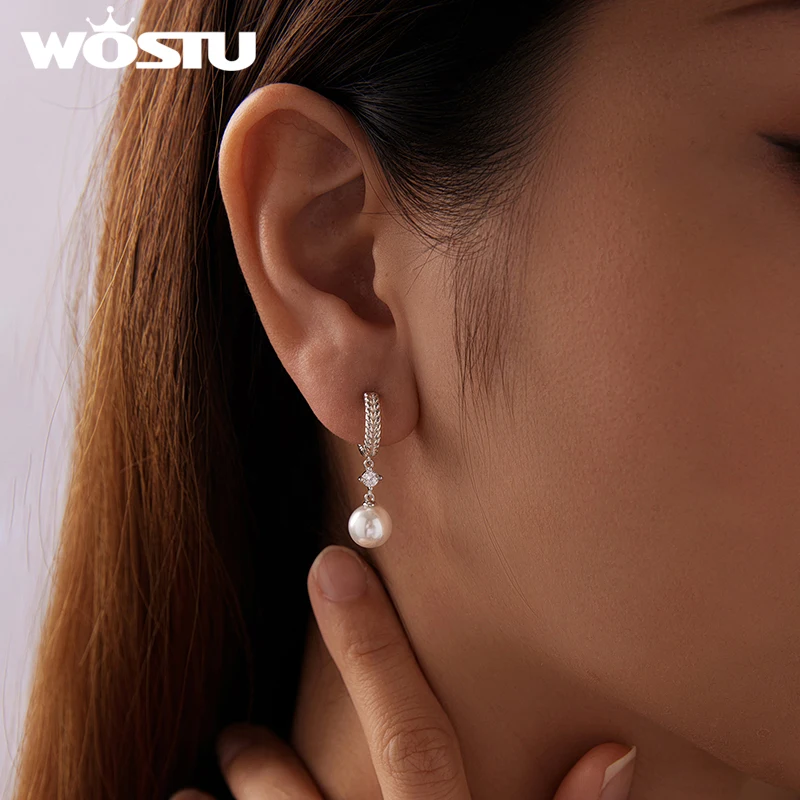 WOSTU 0.2CT مويسانيتي واللؤلؤ إسقاط أقراط للنساء ، مضفر استرخى أقراط الزفاف حفلة خطوبة مجوهرات هدية