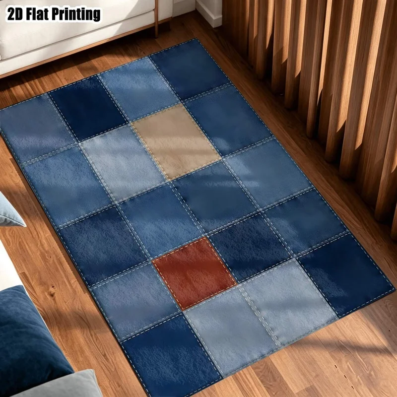 Large Indoor Area Rug, Soft Velvet Low Pile Machine Washable Patchwork Denim Accent Squares Rug for Living Room and Bedroom, Blue with Warm Tones Patterned Indoor Floor Carpet