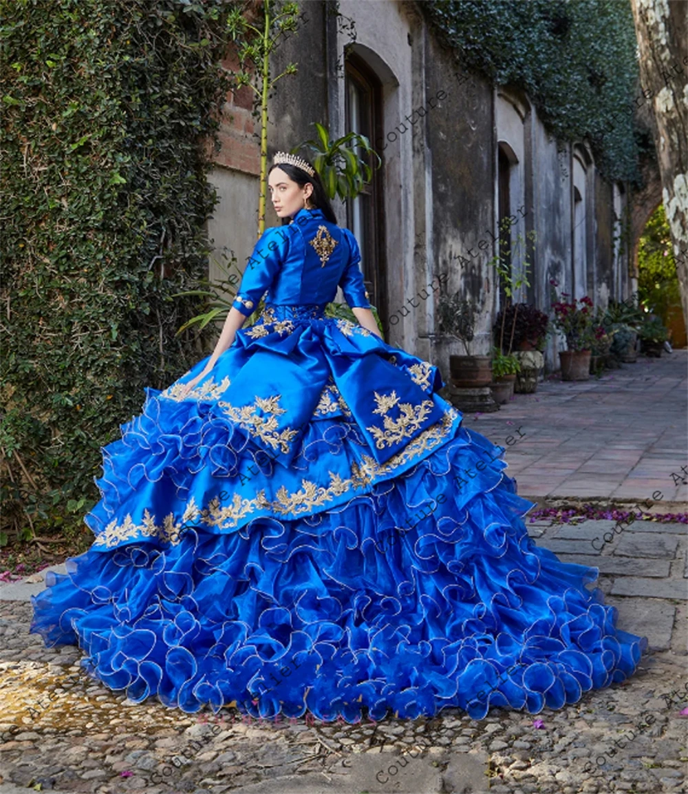 Vestido de quinceañera de lujo con bordado de corazón, vestido de baile con lazo, vestido de Charro mexicano, volantes, azul real, dorado, 2024