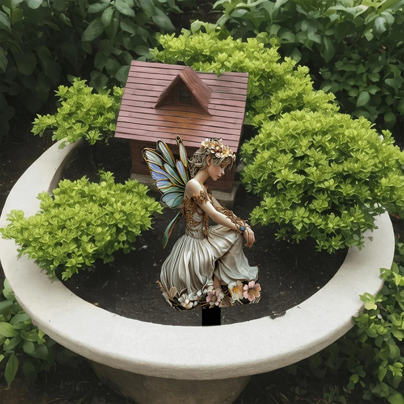 Fairy Garden Stakes Decoration with Flower and Butterfly Wings on Unique Potted Decor for Outdoor Halloween