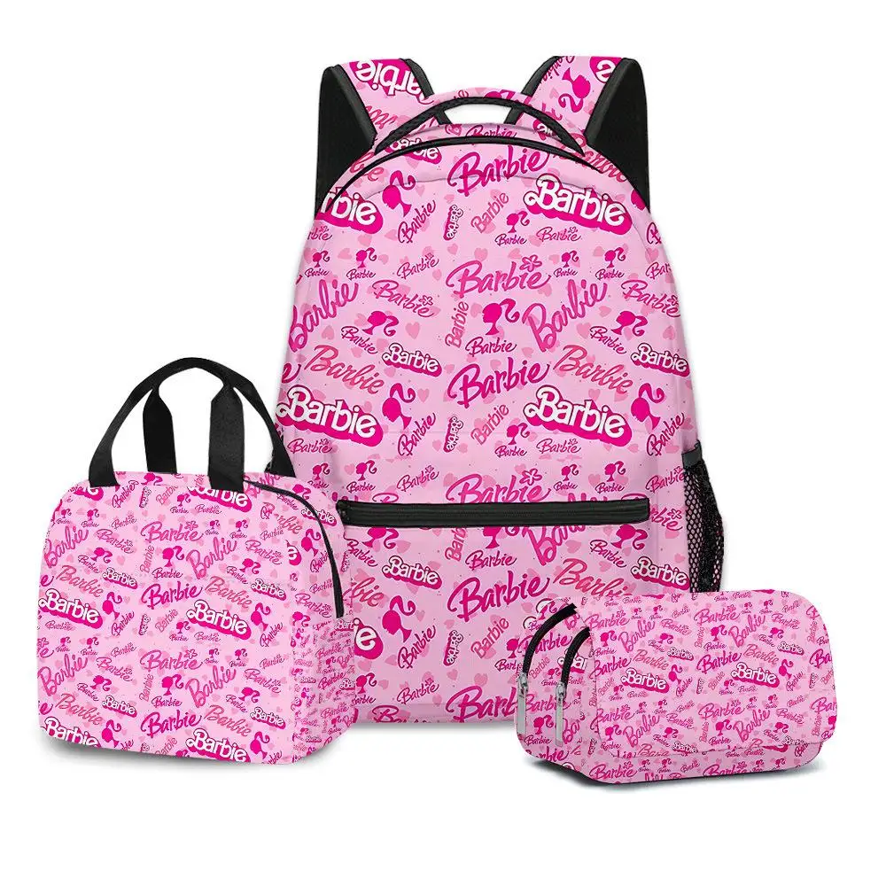 New Barbie kids Backpack Girl Kawaii Cartoon Print Lightweight Large Capacity Storage SchoolBag Lunch Bag PenBag Three Piece Set