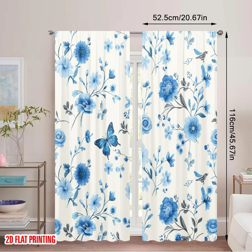 2pcs 2D flat printing Drapes Blue flower bird pattern Fabric Without Electricity Family Party Use for General Festive and Winter