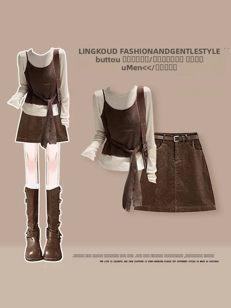 

Модный вязаный комплект для женщин: легкий топ Maturi и джинсовая юбка-шорты, осенняя коллекция, повседневная одежда